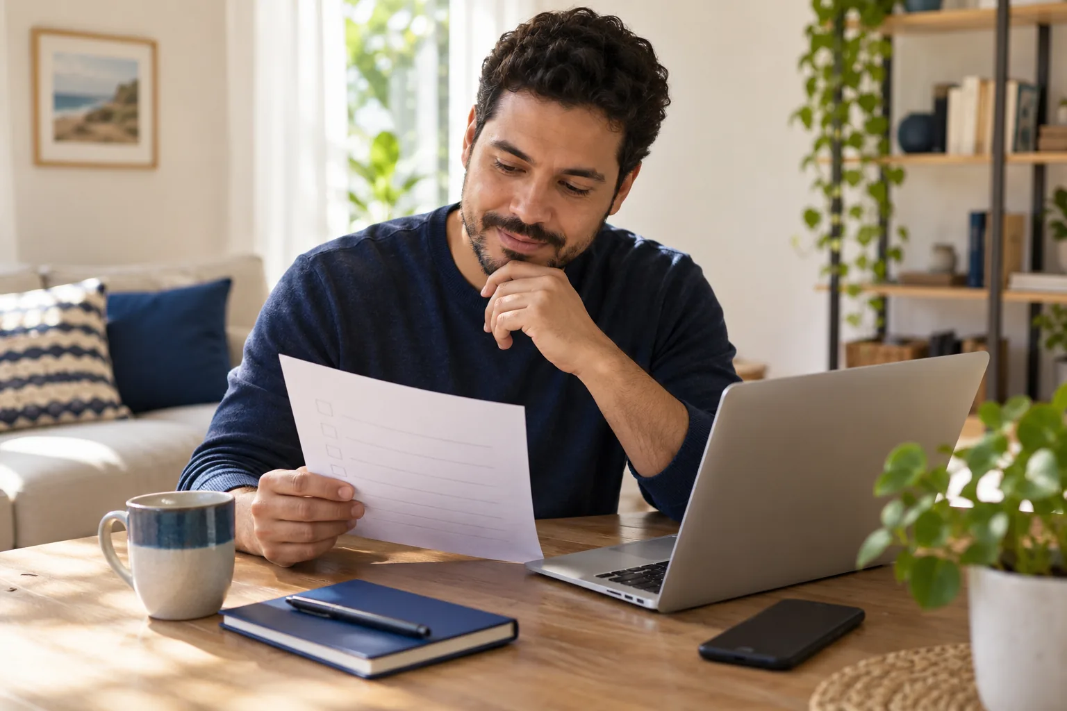 Pessoa conferindo um checklist ao lado de um laptop